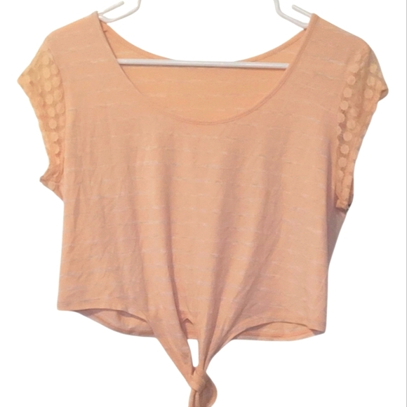 Poof! Cropped Lace Peach Striped Tie-Front Top Size Medium - Picture 1 of 8